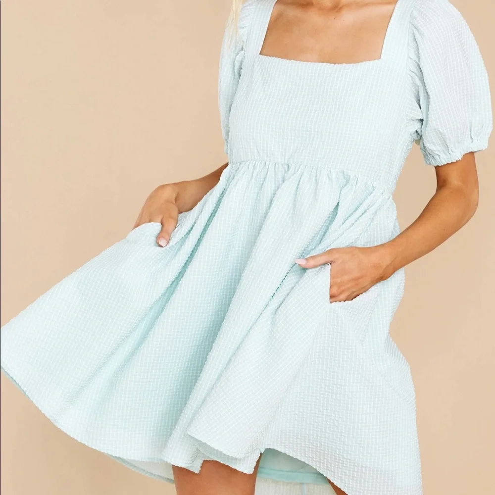 Square Neck Puff Sleeve Mini Dress in Light Mint - Picture 2 of 4